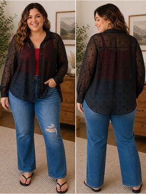 Vintage Sheer Black Polka Dot Blouse 2X Flowy Layering Top